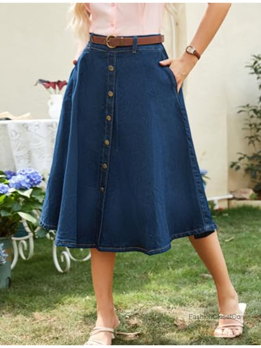 Denim Midi Skirt High Waist A-Line Vintage Below Knee Pockets Belt - Picture 2 of 6